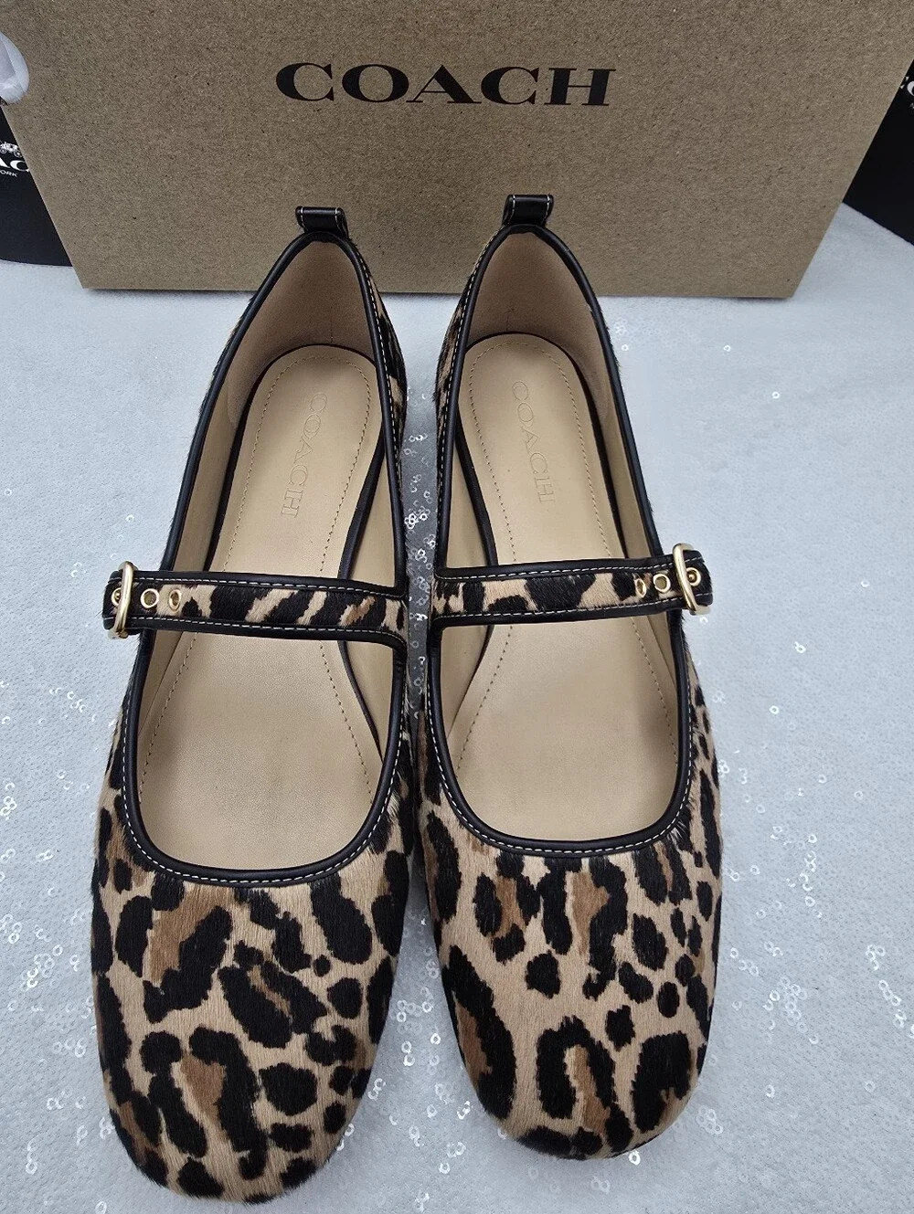 Coach C Rivet Mary Jane with Leopard Print Calfhair Women's sz 10 Tan & Black